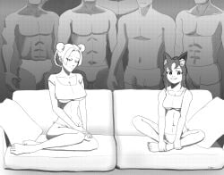 2girls 4boys 6+boys 6boys abs animal_ears bare_arms bare_legs barefoot braid breasts cleavage couch crossed_legs female gigabit greyscale grin harem imminent_sex large_breasts legs long_hair looking_at_viewer medium_breasts monochrome multiple_boys multiple_girls muscular_male nail_polish on_couch original panties penis_bulge pillow piper_perri_surrounded reverse_harem short_hair sitting smile tank_top underboob underwear