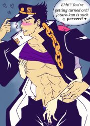 1boy 1girls blush dialogue drooling english_text hand_on_another's_crotch imminent_sex jojo's_bizarre_adventure jotaro_kujo male male/female male_focus muscular_male shirt_up stardust_crusaders straight text