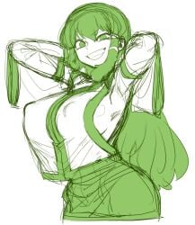 arms_up big_breasts looking_at_viewer sanae_kochiya smile smiling smiling_at_viewer spacezin touhou