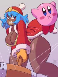 1girls 2023 big_hips blue_hair brown_skin cleavage dark-skinned_female deathzera digital_drawing_(artwork) genderswap_(mtf) hammer holding_object huge_breasts humanization king_dedede kirby kirby_(series) lipstick nintendo partially_visible_nipples rule_63 tagme wide_hips