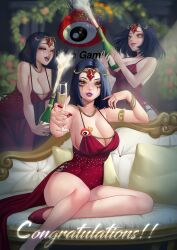 3girls alcohol cleavage curvy dress gold_jewelry holding_object league_of_legends leblanc lillica multiple_girls red_dress