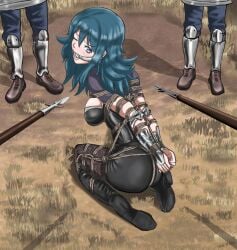 1girls armor ass big_ass blue_eyes bondage boots bound breasts byleth_(fire_emblem) byleth_(fire_emblem)_(female) captured defeated female female_focus femsub fire_emblem fire_emblem:_three_houses gag highres kneeling leggings medium_breasts nintendo one_eye_closed pantyhose restrained rope rope_bondage shorts sideboob smooby smoobyrope soldier solo_focus spoils_of_war teal_hair tied tied_up weapon