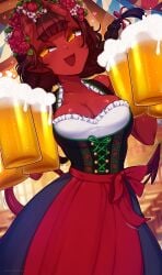 1girls bangs beer beer_mug blunt_bangs blush corset demon demon_girl dirndl dress female female_only flower_hair_ornament freckles freckles_on_face fully_clothed meru_(merunyaa) meruccubus_(merunyaa) merunyaa mole mole_on_cheek mole_under_eye oktoberfest pigtails red_skin smile solo succubus succubus_horns succubus_tail tagme yellow_eyes