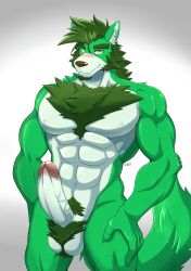 abs absurd_res anthro ball_tuft balls big_penis blush body_hair canid canine canis chest_hair erection fur genitals green_body green_fur hair hi_res humanoid_genitalia humanoid_penis looking_at_viewer male mammal muscular muscular_anthro muscular_male navel pecs penis pubes silvertain simple_background solo tuft wolf yellow_eyes