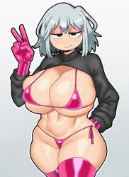 1girls arm_behind_back arm_up ash_(nagomami) bangs big_breasts big_thighs black_clothing black_eyes breasts clothing confident curvy curvy_figure elbow_gloves eyebrows eyelashes facing_viewer female front_view gigantic_breasts gigantic_thighs gloves grey_hair groin half-closed_eyes hand_up huge_ass huge_breasts huge_thighs latex latex_gloves legs legwear light-skinned_female light_blush light_skin long_sleeves looking_at_viewer nagomami navel original original_character peace_sign pink_bikini pink_gloves pink_thighhighs shiny_skin short_hair side-tie_bikini_bottom silver_hair smile smiling_at_viewer smirk solo standing sweat tagme thick_hips thick_legs thick_thighs thighhighs thighs thong thong_bikini toned_stomach topwear v voluptuous wide_hips