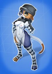 absurd_res anthro beanie breasts calico_cat clothed clothing domestic_cat epic_games felid feline felis female fortnite genitals hat headgear headwear hi_res jaynator1 jaynatorburudragon mammal meow_skulls_(fortnite) navel nipples open_toe_stockings partially_clothed piercing pussy solo