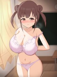 bra chaostep classroom embarrassed female huge_breasts idolmaster idolmaster_shiny_colors panties solo sonoda_chiyoko undressing