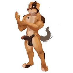 2020 absurd_res anthro athletic athletic_male bakemonoy ball_tuft balls blonde_hair brown_highlights brown_nose canid canine canis domestic_dog erection floppy_ears foreskin front_view frown full-length_portrait fur genitals hair hi_res highlights_(coloring) humanoid_genitalia humanoid_penis male mammal navel nude partially_retracted_foreskin penis plantigrade portrait shisa_(sleepylp) simple_background solo standing tan_body tan_fur tuft vein veiny_penis white_background yellow_eyes