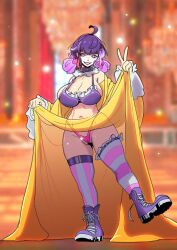 big_breasts boots busty cameltoe cleavage clown clown_makeup dress dress_lift gloves goth_girl large_breasts original_character purple_eyes purple_hair quetzoiin smile spiked_collar thighhighs thong twintails