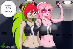 2girls armpits big_breasts breast_envy breasts breasts_size_difference chuyryu demencia female female_only fit_female fitness green_hair gym gym_clothes hips humor jealous jealousy medium_hair medium_support_(meme) meme meme_attire miss_heed_(villainous) mostly_clothed navel no_bra no_underwear pink_hair pink_skin red_hair selfie small_breasts smartphone spanish spanish_commentary spanish_text tagme text two_tone_hair villainous