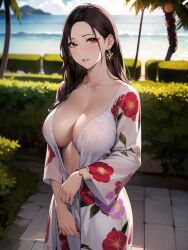 1girls ai_generated ai_mirror blush bracelet brown_eyes brown_hair bush earrings flower_pattern kimono long_hair looking_at_viewer looking_nervous medium_breasts no_bra palm_tree sea seaside stone_path uncovered white_kimono white_skin yukata