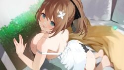 1girls absurdres against_glass aogiri_koukou ass black_panties black_ribbon blurry blurry_background braid breast_press breasts breasts_on_glass brown_hair bush camisole dildo flower green_eyes hair_flower hair_ornament hair_ribbon highres kkix25 kurikoma_komaru large_breasts looking_at_viewer median_furrow panties ponytail rain reflection ribbon sex_toy solo strap_slip sweat tongue underwear virtual_youtuber white_camisole white_flower