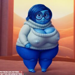 1girls 4k ai_generated bbw big_breasts blue_body blue_hair breasts disney fat female female_only glasses highres hips inside_out inside_out_2 large_breasts matronai_(artist) nipple_bulge nipples obese obese_female overweight overweight_female patreon_username pinup pixar sadness_(inside_out) solo solo_female solo_focus ssbbw stable_diffusion thick_thighs thighs twitter_username wide_hips