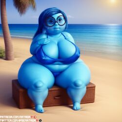 1girls 4k ai_generated bbw beach big_breasts bikini blue_body blue_hair breasts disney fat female female_only glasses highres hips inside_out inside_out_2 large_breasts matronai_(artist) nipple_bulge nipples obese obese_female overweight overweight_female patreon_username pinup pixar sadness_(inside_out) solo solo_female solo_focus ssbbw stable_diffusion swimsuit swimwear thick_thighs thighs twitter_username wide_hips