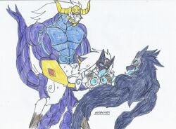 1girls 2boys anthro aurelion_sol big_ass big_breasts blue_eyes blue_nipples blue_penis blue_scales blue_tongue bodily_fluids doggy_style dragon_humanoid female furry gold_(metal) gold_jewelry kindred lamb_(league_of_legends) league_of_legends male marlon64 mask paizuri precum pussy_juice_drip riot_games sex_from_behind shadow_creature sweat threesome titfuck titjob traditional_drawing_(artwork) white_background white_hair wolf_(league_of_legends)