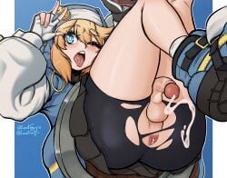 1boy androgyne_symbol androgynous anus bike_shorts blonde_hair blue_eyes bridget cum cum_in_ass exposed_penis femboy feminine_male girly guilty_gear guilty_gear_strive light_skin looking_at_viewer lordguyis male male_only otoko_no_ko otokonoko penis thick_thighs thighs tongue torn_clothes trap