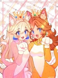 :3 ass_out blonde_hair blue_eyes blush brown_hair cat_bell cat_daisy cat_ears cat_girl cat_mouth cat_peach cat_tail catgirl collar costume crown cute earrings fangs flower_earrings flowers heart hi_res highres looking_at_viewer mario_(series) nakateru nintendo paws pearl_earrings power_up princess_daisy princess_peach ribbons small_breasts smiling stars super_mario_3d_world super_mario_bros. tight_clothing tight_fit unusual_pupils