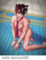 1boy genshin_impact handcuffed handcuffs male male_focus male_only naked nude nude_male pierced_nipples scar submissive tie_only wriothesley_(genshin_impact) yaoi