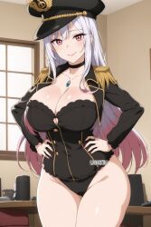 1girls ai_generated big_breasts black_lobelia_(cosplay) breasts female female_focus female_only grey_hair kitagawa_marin lokokabooster69 long_hair looking_at_viewer military_hat military_uniform pink_eyes shiny shiny_clothes shiny_skin smile smiling_at_viewer sole_female sono_bisque_doll_wa_koi_wo_suru voluptuous voluptuous_female