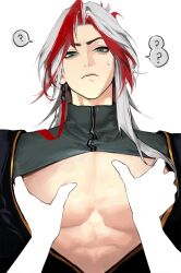 ? abs anonymous_character breasts clothing hands_on_breasts heartsteel_series heartsteel_yone large_pectorals league_of_legends male_focus muscular pecs pectoral_grab pectorals white_hair yone