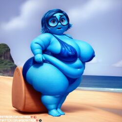 1girls 4k ai_generated bbw beach big_breasts bikini blue_body blue_hair breasts disney fat female female_only glasses highres hips inside_out inside_out_2 large_breasts matronai_(artist) nipple_bulge nipples obese obese_female overweight overweight_female patreon_username pinup pixar sadness_(inside_out) solo solo_female solo_focus ssbbw stable_diffusion swimsuit swimwear thick_thighs thighs twitter_username wide_hips