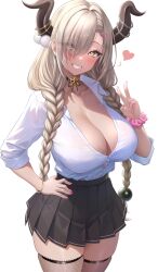 1girls azur_lane blonde_hair blush breasts cleavage clothed female female_only gyaru hair_over_one_eye heart horns huge_breasts long_hair owari_(azur_lane) sakura_empire_(azur_lane) solo studiopokotan tan-skinned_female tan_skin twin_braids yellow_eyes