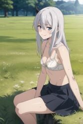 ai_generated blue_eyes blush bra elaina_(majo_no_tabitabi) grass long_hair looking_at_viewer majo_no_tabitabi meadow partially_nude petite sitting skirt small_breasts smile sweating thighs trees white_bra white_hair