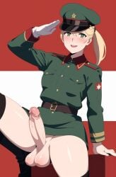 ai_generated balls blonde_hair blush boots erection female_soldier futa futanari futanari_solider gloves green_eyes large_penis large_testicles looking_at_viewer marching military military_hat military_jacket military_uniform open_mouth penis ponytail salute saluting smile soviet sweat testicles white_gloves