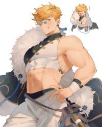 1boy abs bara bare_shoulders black_coat blush coat crop_top earrings fur-trimmed_coat fur_trim granblue_fantasy higashigunkan highres jewelry large_pectorals male male_focus male_only muscular muscular_male navel no_visible_genitalia one_eye_closed open_mouth pants pectorals round_eyewear semi-rimless_eyewear silverroar's_swiftclaw_(granblue_fantasy) simple_background smile solo sunglasses teeth translation_request vane_(granblue_fantasy) white_background white_pants