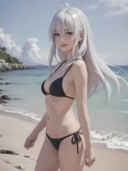 ai_generated beach bikini black_bikini blue_eyes elaina_(majo_no_tabitabi) looking_at_viewer majo_no_tabitabi medium_breasts palm_trees petite realistic rocks smile standing thighs water white_hair