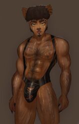 arm_hair banana_hammock big_bulge big_pecs big_penis body_hair bulge bulge_through_clothing chest_hair chin_tuft clawd_wolf clawd_wolf_(g3) dark-skinned_male dark_skin golden_eyes hairy hairy_chest hairy_male latex leg_hair male_only monster_high monster_high_g3 muscle muscles pecs pubic_hair ripped_clothing sideburns solo solo_male sweat sweating werewolf wolf_ears yellow_eyes