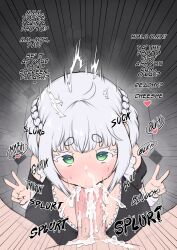 1boy 1girls ahoge bangs blush braid breasts cleavage cum cum_in_mouth double_v elara_(whomperfruit) emphasis_lines english_text facial fellatio green_eyes grey_hair heart-shaped_pupils large_breasts lheart light-skinned_female light-skinned_male light_skin looking_at_viewer maid masochism oral original original_character penis pov short_hair solo_focus straight submissive submissive_female symbol-shaped_pupils uncensored v veins veiny_penis whomperfruit