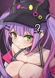 ? absurdres black_headwear blush collarbone ear_piercing female green_eyes hashira_14 hat highres holoforce hololive hololive_japan long_hair looking_at_viewer multicolored_hair pierced_hat piercing pink_hair purple_hair signature tokoyami_towa tokoyami_towa_(1st_costume) twintails two-tone_hair virtual_youtuber