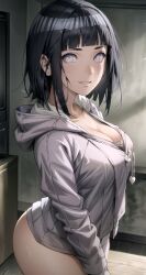 ai_generated ass bangs black_hair blunt_bangs blush boruto:_naruto_next_generations bottomless breasts cleavage closed_mouth collarbone cowboy_shot edosynf female from_side grey_eyes grey_hoodie grey_jacket highres hood hood_down hooded_jacket hoodie hyuuga_hinata indoors jacket large_breasts light_smile long_sleeves looking_at_viewer medium_breasts medium_hair naked_hoodie naruto naruto_(series) naruto_shippuuden no_pupils purple_eyes short_hair smile solo standing thighs white_eyes zipper zipper_pull_tab