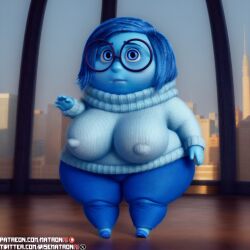 1girls 4k ai_generated bbw big_breasts blue_body blue_hair breasts disney fat female female_only glasses highres hips inside_out inside_out_2 large_breasts matronai_(artist) nipple_bulge nipples obese obese_female overweight overweight_female patreon_username pinup pixar sadness_(inside_out) solo solo_female solo_focus ssbbw stable_diffusion thick_thighs thighs twitter_username wide_hips