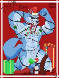 absurd_res animal_dildo animal_genitalia animal_sex_toy anthro balls blue_body bodypaint canine_dildo christmas dildo equine_dildo flexing genitals hi_res holidays male muscular painted_balls sex_toy simple_background solo text thask_sks white_body