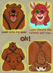 absurd_res anthro anus ass bear bodily_fluids bones_in_feces color colored death digestion disposal dripping duo fatal_vore feces genital_fluids hi_res hypnosis hypnotic_eyes lagomorph leather leporid male male/male mammal mind_control mouth_shot open_mouth precum precum_drip rabbit scat the_worst_account tongue vore willing_prey