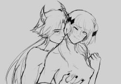 1boy 1girls aged_up angel_girl black_and_white breast_grab breast_grab_from_behind demon_boy demon_horns funamusea grabbing_breasts hair_ornament hiuchiru horns licorice_(funamusea) long_hair monochrome silhouette_(funamusea) sketch small_breasts straight