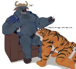 absurd_res anthro anthro_on_anthro balls biped black_stripes blush bovid bovine cape_buffalo chief_bogo clothing disney duo english_text eyebrows felid fellatio gay gay_blowjob genitals hi_res humanoid_genitalia humanoid_penis interspecies male male/male mammal medial_ring medial_ringed_humanoid_penis mukum_1am muscular muscular_anthro muscular_male nude officer_fangmeyer oral oral_sex pantherine pecs penile penis pubes sex simple_background stripes text tiger white_background zootopia