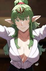 1girls alternate_costume assertive_female breasts cleavage female female female_only fire_emblem fire_emblem_awakening green_eyes green_hair highres kabedon_on_viewer large_breasts long_hair looking_at_viewer nintendo no_bra office_lady pointy_ears ponytail sakuremi smile solo tiara tiki_(adult)_(fire_emblem) tiki_(fire_emblem) watermark