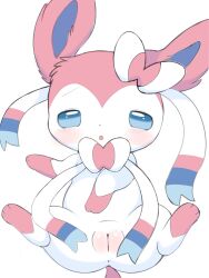 anus azuo blue_eyes blush eeveelution female feral fur generation_6_pokemon genitals hi_res lying nintendo on_back pink_body pink_fur plump_labia pokemon pokemon_(species) presenting presenting_pussy pussy simple_background solo sylveon white_background white_body white_fur