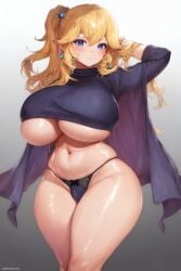 1girls ai_generated arms_behind_back blonde_hair blue_eyes cropped_sweater curvaceous curvy earrings elf_ears holaraai holding_hair huge_ass huge_breasts long_hair looking_at_viewer loose_clothes mario_(series) navel panties pointy_ears ponytail princess_peach thick_thighs tight_clothing underboob underwear valentxne