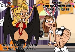 2girls accurate_art_style artist_request big_breasts black_bottomwear blonde_hair boots bottomwear brown_hair bunny_costume bunny_girl cape center_opening cosplay costume daughter dialogue english_text fake_animal_ears fake_bunny_ears female female_only fishnet_legwear halloween halloween_costume huge_breasts kelly_(tdi) large_breasts leotard long_hair milf mother mother_and_daughter multiple_girls navel red_leotard revealing_outfit tagme tank_top taylor_(tdi) text the_ridonculous_race thigh_boots total_drama_(series) total_drama_island vampirella_(cosplay) white_tank_top