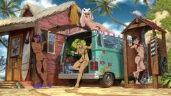 4girls areolae ass beach bird blonde_hair breasts car female female_only glasses gun looking_at_viewer multiple_girls nipples nude nude_female outdoor_nudity outdoors palm_tree rifle shower sky smoking surfboard tagme tattoo white_hair zed_edge