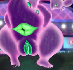 anus ass big_butt big_penis big_pussy digital_media_(artwork) dragon dynamax erection eye_contact female generation_6_pokemon genitals glowing glowing_eyes glowing_genitalia glowing_pussy goodra green_eyes green_penis hi_res looking_at_another looking_at_viewer looking_back macro nintendo nude penis pokemon pokemon_(species) presenting presenting_hindquarters presenting_pussy pussy simple_background slime solo spreading tail thick_thighs xenolith0