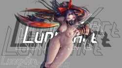 ahe_gao areolae big_breasts blue_eyes blush breasts cum cum_in_pussy cum_inside cum_on_body cum_on_breasts cum_on_face hanabi_(mobile_legends) kunoichi legs lunoxean mobile_legends mobile_legends:_adventure ninja nipples nude pleasure_face pussy solo vagina weapon