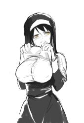 alternate_costume big_breasts blush canon_genderswap clothes_lift embarrassed female female_only fully_clothed genderswap_(mtf) habit looking_away nun nun_outfit one_piece rule_63 shy solo spot_color sweatdrop tiradmisx trafalgar_law trafalgar_law_(female) white_background yellow_eyes