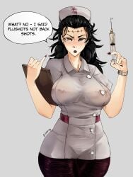 2023 annoyed annoyed_expression big_hips black_hair blush genderswap_(mtf) giant_breasts gold_eyes jujutsu_kaisen kenjaku large_breasts leggings makeup messy_hair nurse nurse_cap nurse_uniform red_lipstick rule_63 see-through_clothing sindio speech_bubble suguru_geto text text_bubble translucent translucent_clothing