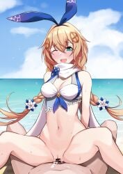 alternate_costume blonde_hair blue_eyes bunny_ears censored cowgirl_position fnc_(girls'_frontline) girls'_frontline official_alternate_costume one_eye_closed rr_kurogane