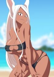 1girls alternate_version_available animal_ears beach big_breasts bikini bikini_bottom bikini_top black_bikini bottomwear breasts bunny_ears bunny_girl chelsea_cola cleavage dark-skinned_female dark_skin eyepatch_bikini female female_only hair hands_on_thighs hips huge_breasts long_hair miruko my_hero_academia red_eyes rumi_usagiyama solo solo_female swimwear topwear white_hair